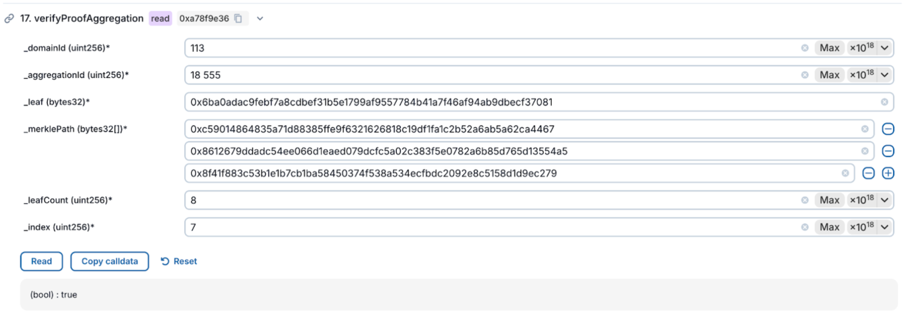 Screenshot of the verifyProofAggregation method on the explorer, showing all the fields (domainId, aggregationId, leaf, merklePath, leafCount, index)